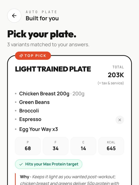 Three plates suggested by the AI, with a macro breakdown