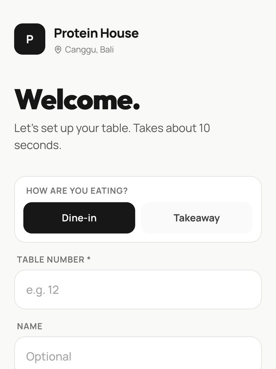 The welcome screen, asking for the table and any allergy